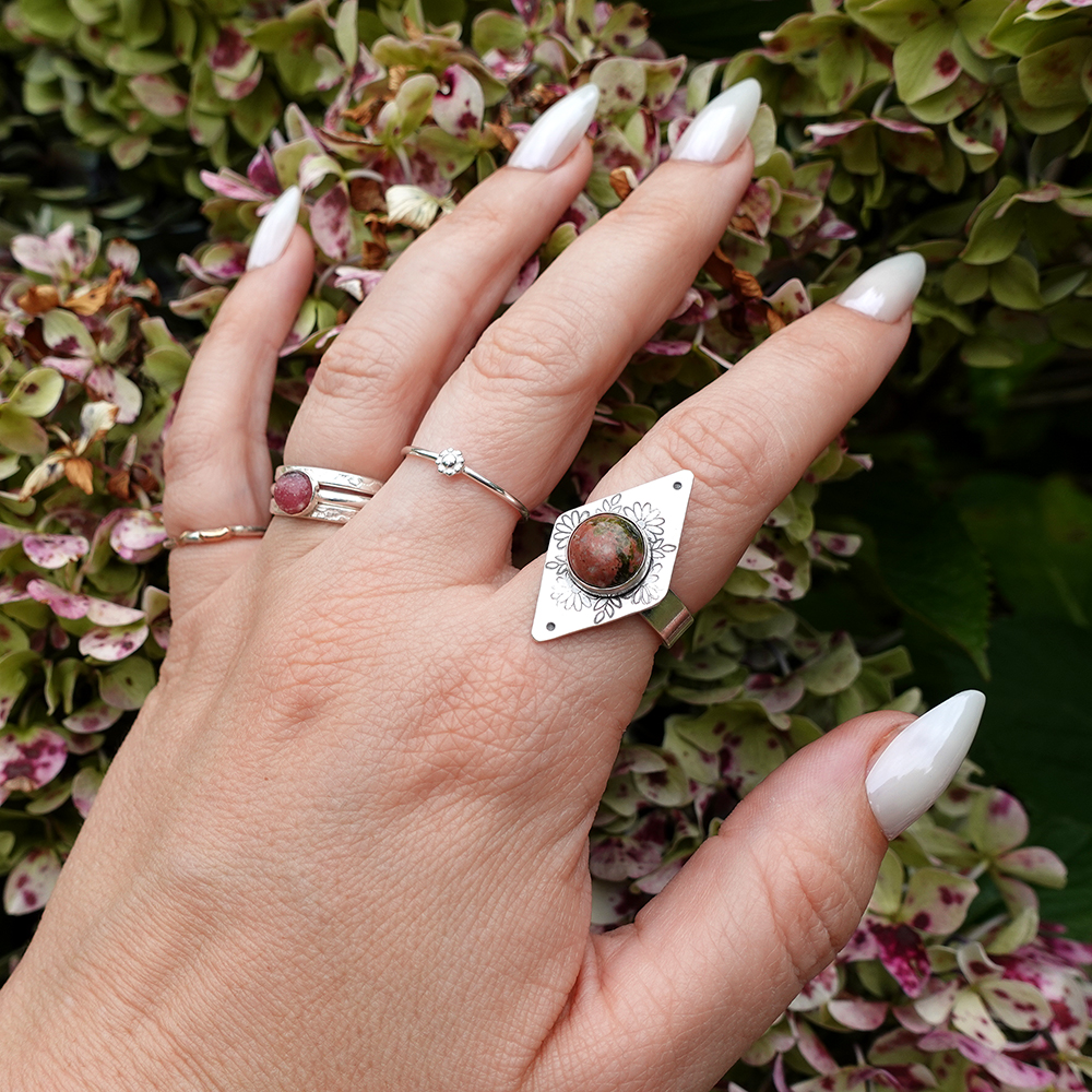 pink rings, stack rings, silver rings, daisy, sustainable rings, ring styling
