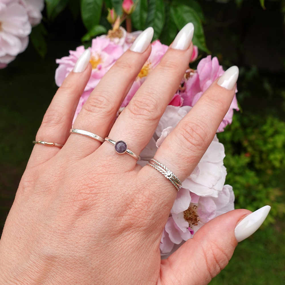 ring styling, silver rings, sustainable jewellery, silver jewellery, ring stack, amethyst, daisy